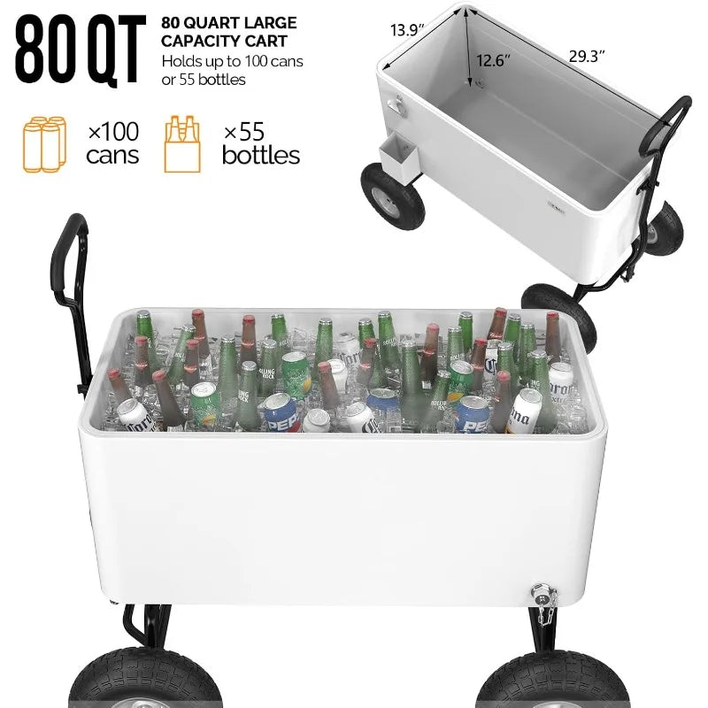 VINGLI 80 Quart Wagon Rolling Cooler Ice Chest, w/Long Handle and 10" Wheels.
