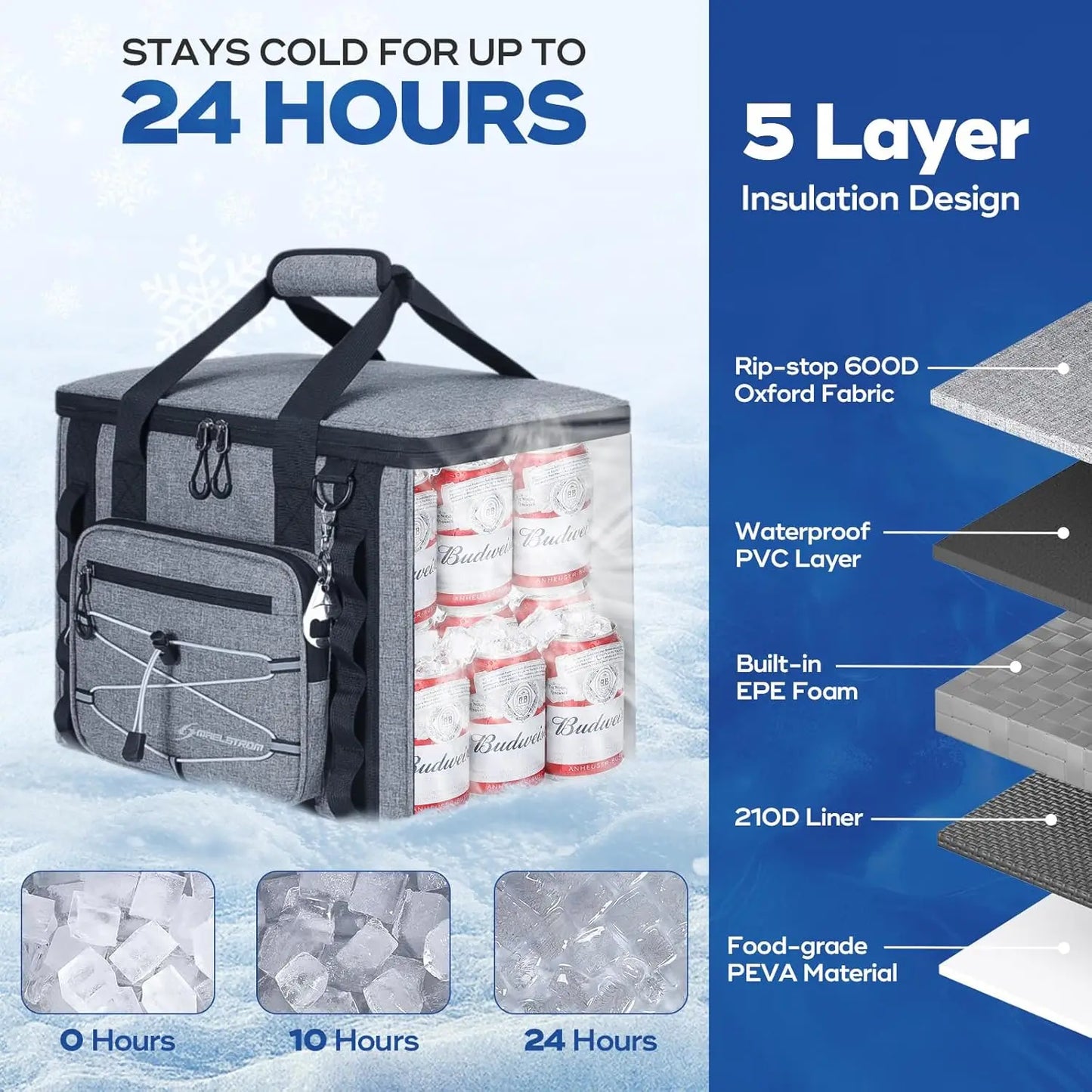 Soft Sided Cooler Bag, 30/40 Can Collapsible Insulated Ice Chest.