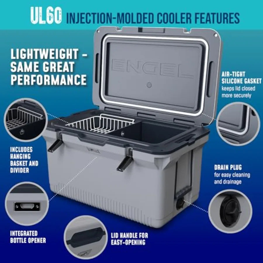 60 QT Ultra-Light Injection Molded Cooler. Keeps Ice up to 7 Days - Large Cooler Includes Wire Basket Divider.