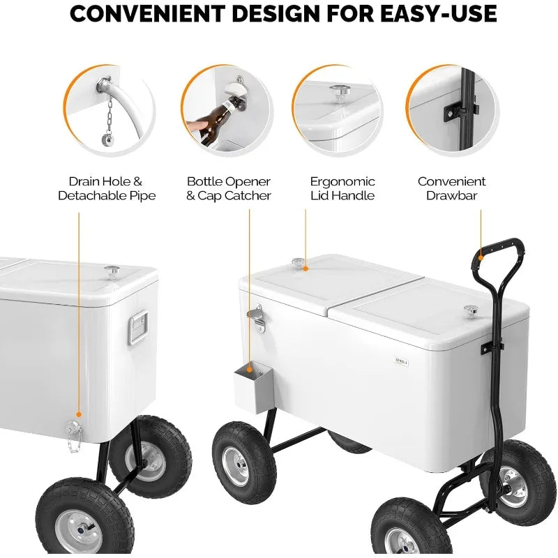 VINGLI 80 Quart Wagon Rolling Cooler Ice Chest, w/Long Handle and 10" Wheels.