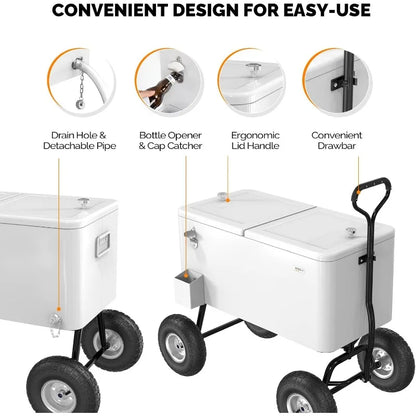 VINGLI 80 Quart Wagon Rolling Cooler Ice Chest, w/Long Handle and 10" Wheels.