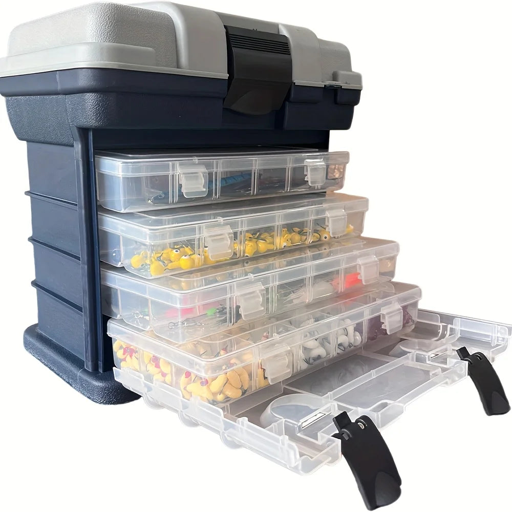 A portable four-layer tackle box.