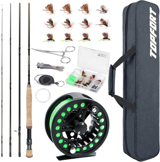 Complete Fly Fishing Starter Kit with 4-Piece Graphite Rod, Reel, Flies & Bag,