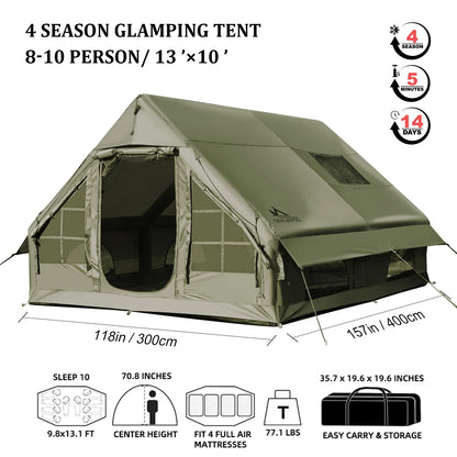 Army Green Waterproof Windproof Inflatable Tent for Camping,4 Season Air Glamping Tent House with Chimney Opening,AC Vent.