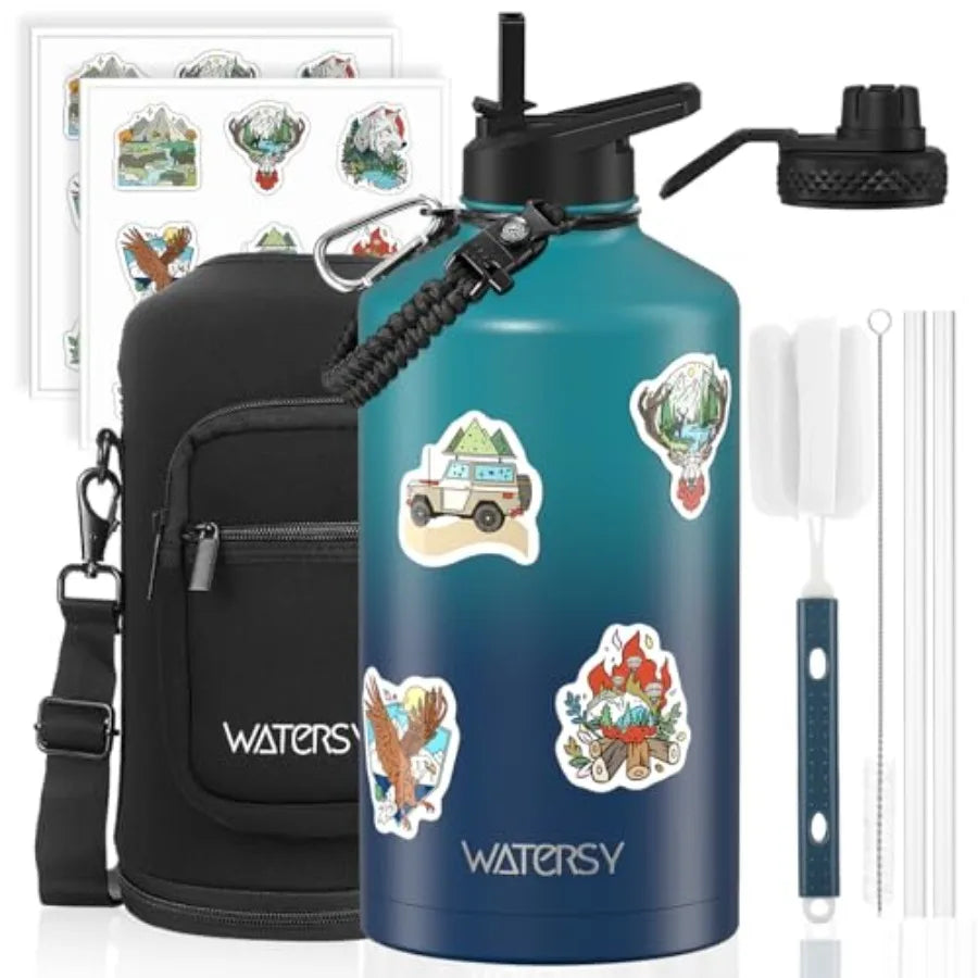 1 Gallon Insulated Water Bottle BPA Free Leak Proof 128oz Stainless Steel Large Water Jug with Straw Spout Lid Gradient Blue.