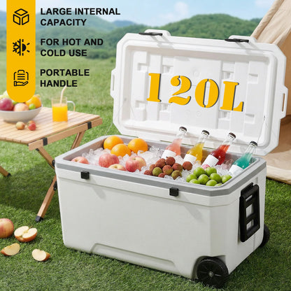 120L Hard Plastic Roto molded Cooler with Wheels.
