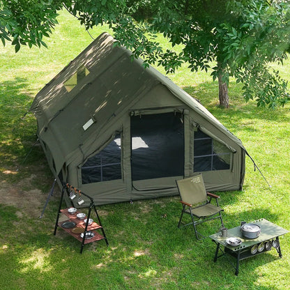 Army Green Waterproof Windproof Inflatable Tent for Camping,4 Season Air Glamping Tent House with Chimney Opening,AC Vent.