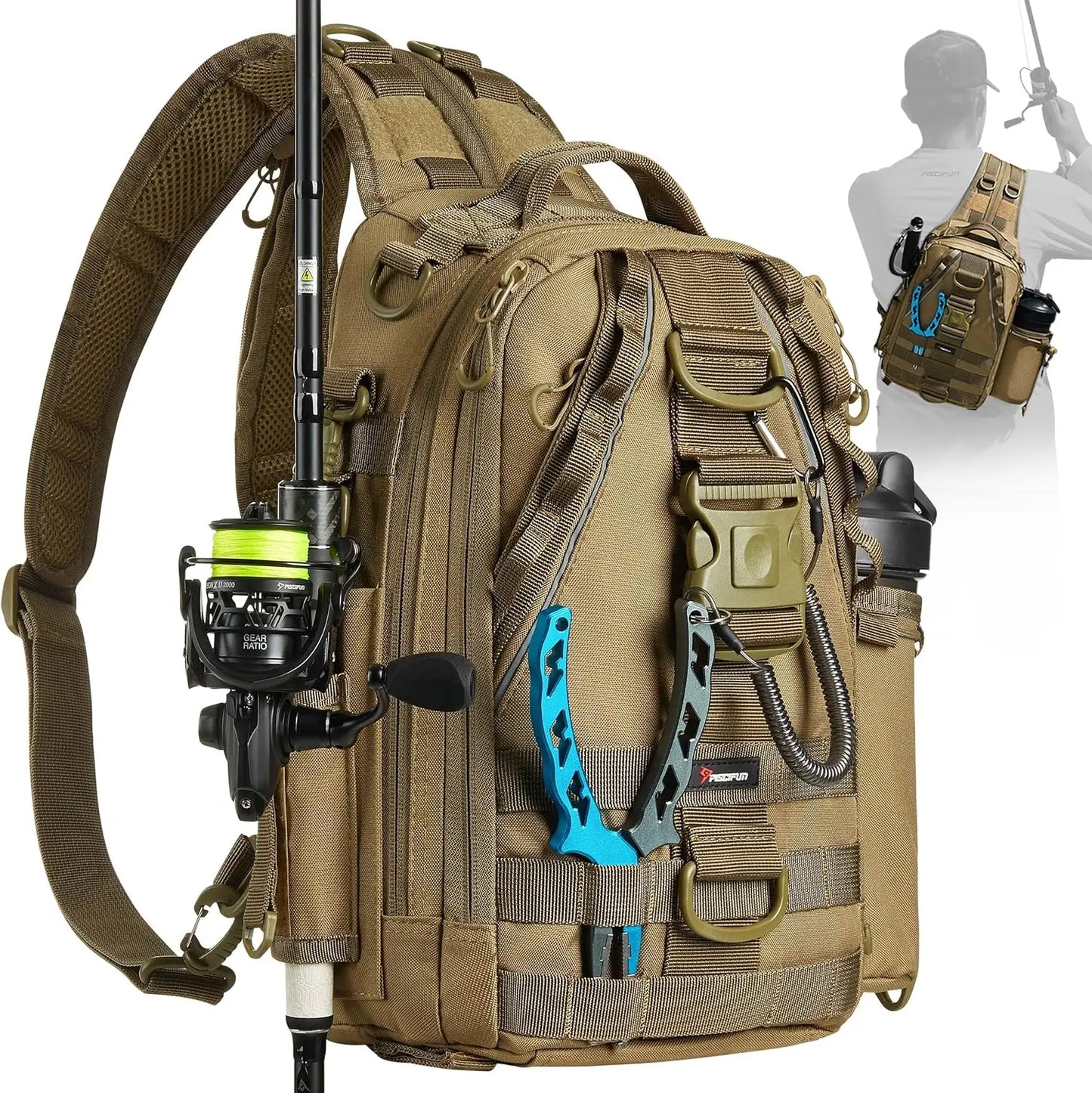 Piscifun Fishing Tackle Backpack with Rod & Gear Holder, Lightweight Outdoor Water-Resistant Fishing Shoulder Storage Bag.