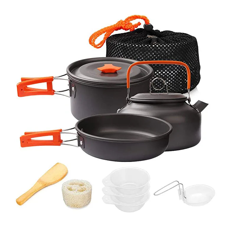 Aluminum Outdoor Camping Cookware Set with Mesh Bag.