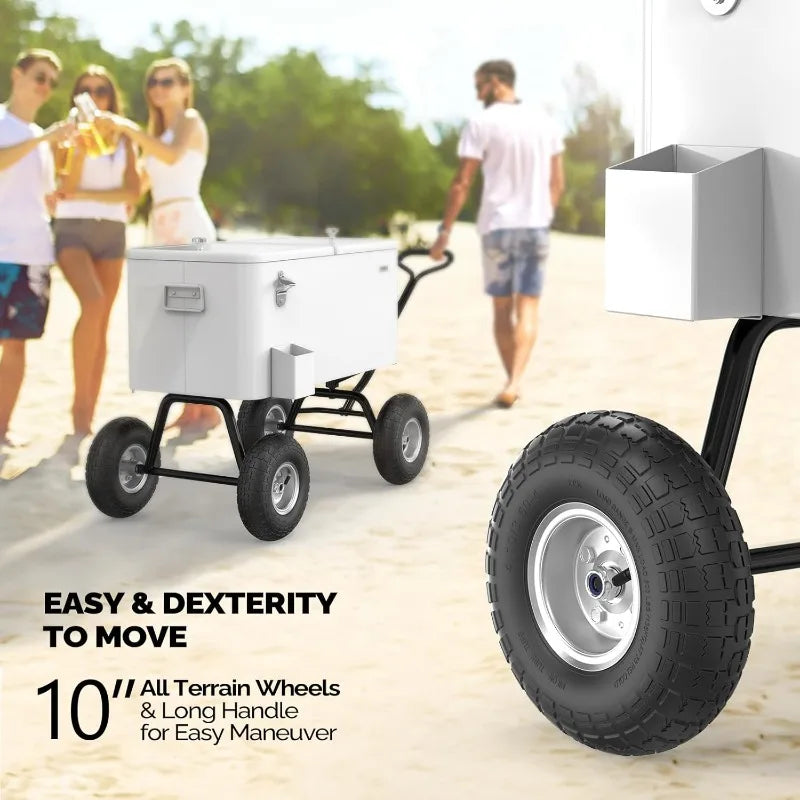 VINGLI 80 Quart Wagon Rolling Cooler Ice Chest, w/Long Handle and 10" Wheels.