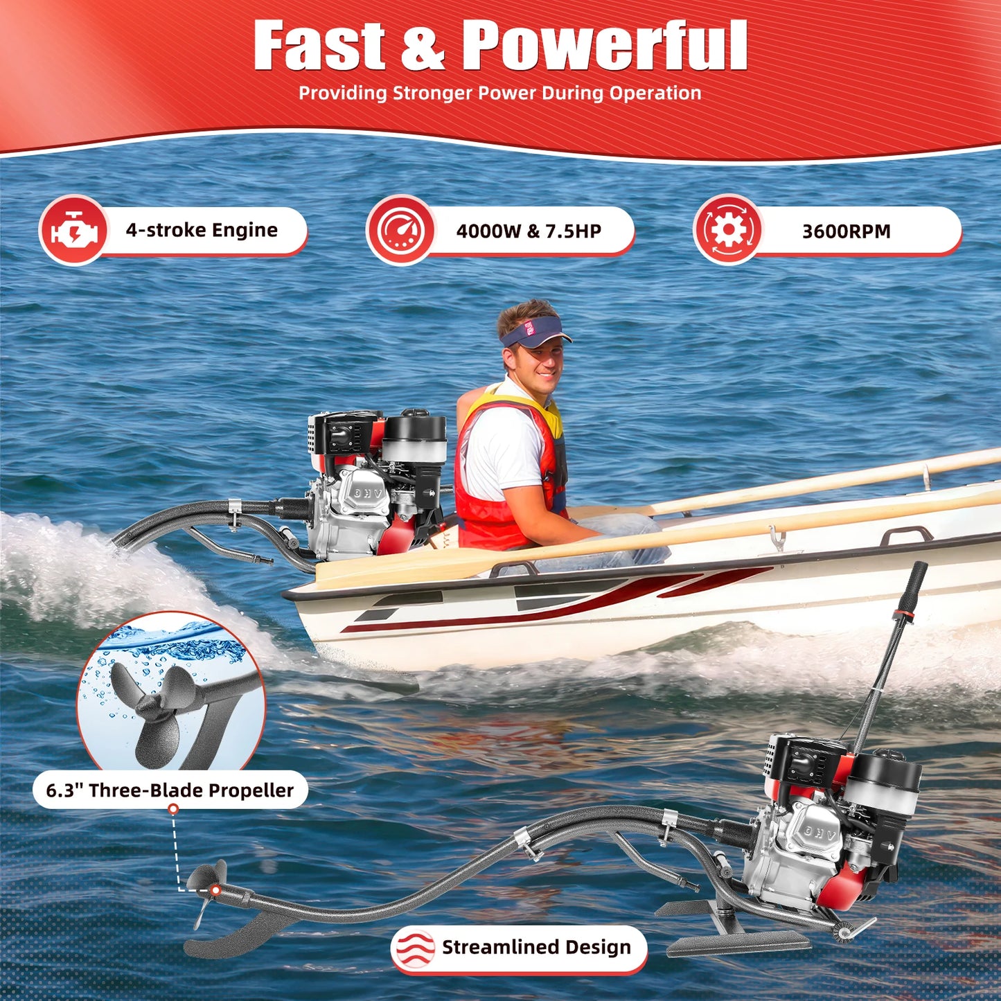 7.5HP 4 Stroke Outboard Motor, 212CC 4KW Heavy Duty Gasoline Fishing Boat Engine Manual Start TCI Air-Cooling System.