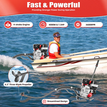 7.5HP 4 Stroke Outboard Motor, 212CC 4KW Heavy Duty Gasoline Fishing Boat Engine Manual Start TCI Air-Cooling System.
