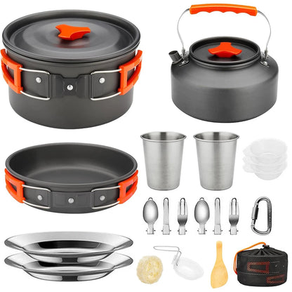 Camping Cookware Mess Kit, Lightweight Pot Pan Kettle Set with Cups Plates Forks Knives Spoons.