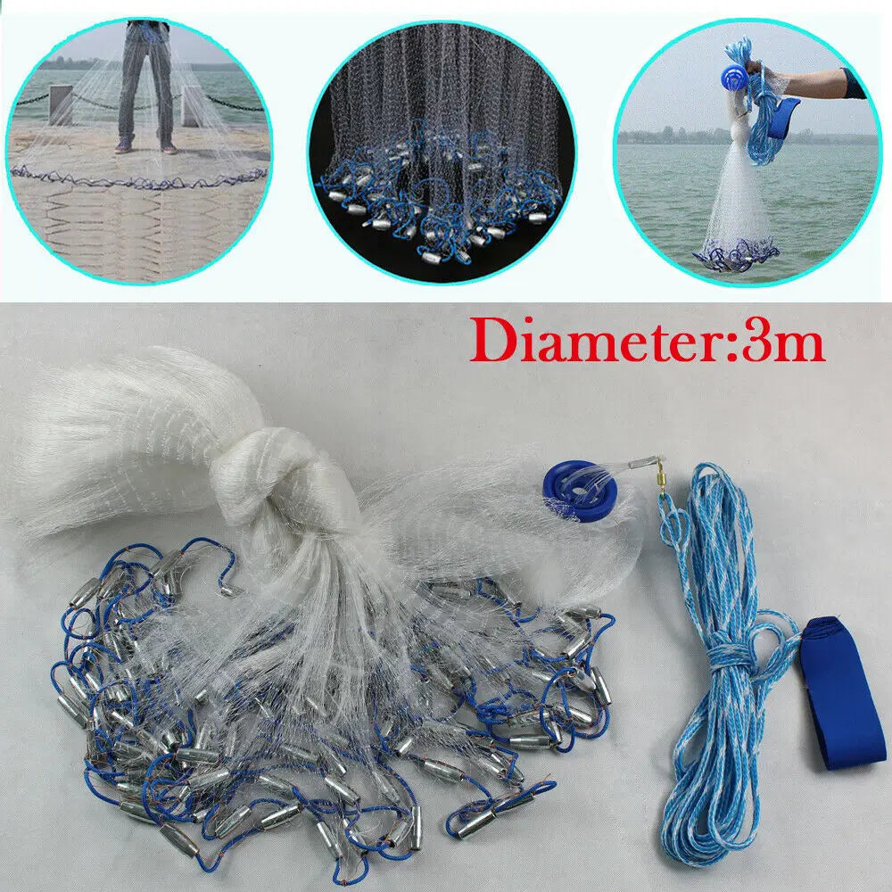 10ft Diameter Fishing Cast Net 0.59*0.59in mesh Fishing Cast Net for Bait.