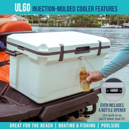 60 QT Ultra-Light Injection Molded Cooler. Keeps Ice up to 7 Days - Large Cooler Includes Wire Basket Divider.