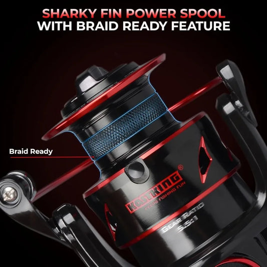 KastKing Sharky Baitfeeder III Spinning Reel 10+1 Shielded Stainless Steel BB Carbon Fiber Drag.