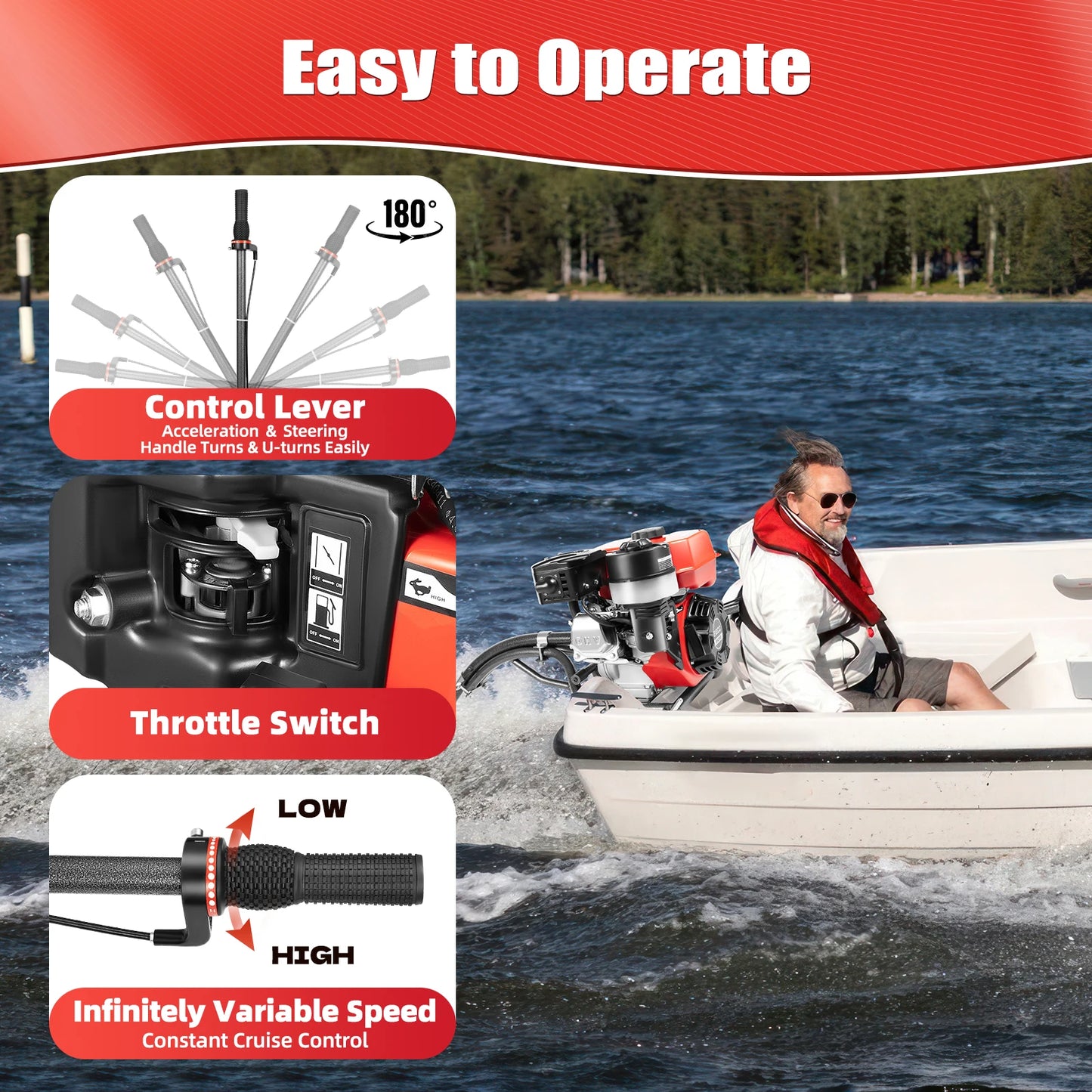 7.5HP 4 Stroke Outboard Motor, 212CC 4KW Heavy Duty Gasoline Fishing Boat Engine Manual Start TCI Air-Cooling System.