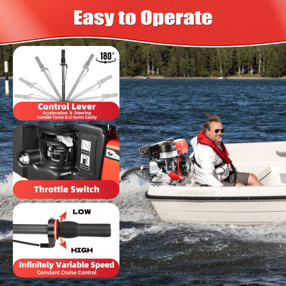 7.5HP 4 Stroke Outboard Motor, 212CC 4KW Heavy Duty Gasoline Fishing Boat Engine Manual Start TCI Air-Cooling System.