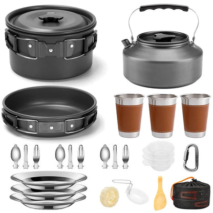 Camping Cookware Mess Kit, Lightweight Pot Pan Kettle Set with Cups Plates Forks Knives Spoons.
