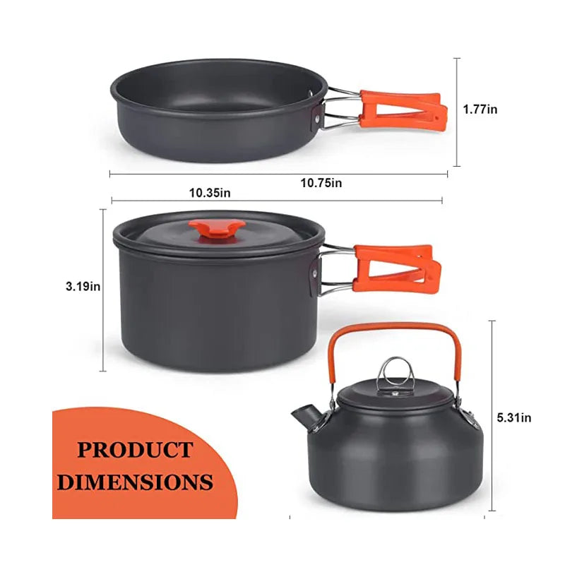 Aluminum Outdoor Camping Cookware Set with Mesh Bag.