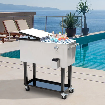 80QT Patio Rolling Cooler Cart With Wheels.