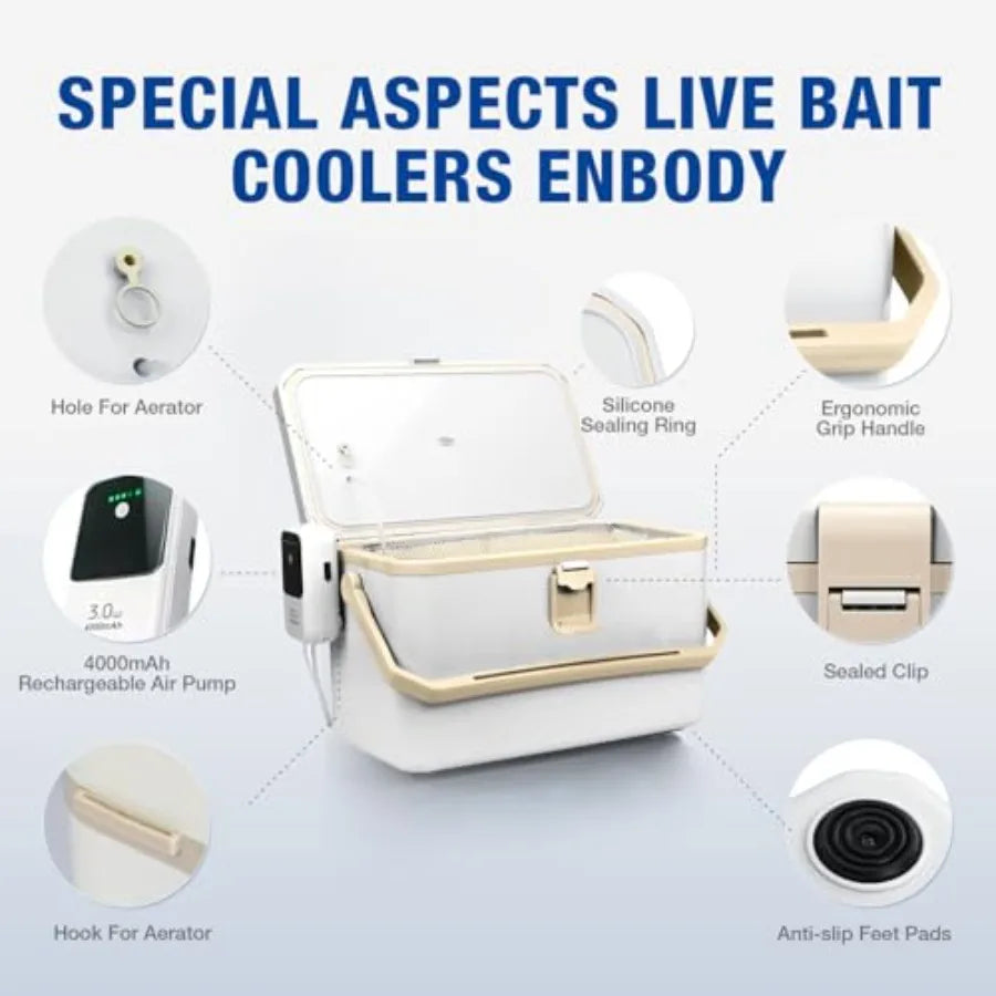 Portable 11QT/15QT Live Bait Cooler with 4000mAh Rechargeable Aerator for Fishing Waterproof Plastic Bait Bucket for Live Fish.