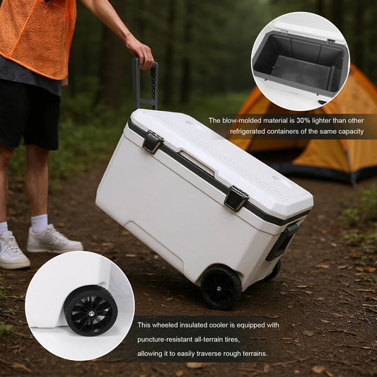 70L Wheeled Cooler with Cup Holder Hard Shell for Beach Camping (Light Grey)