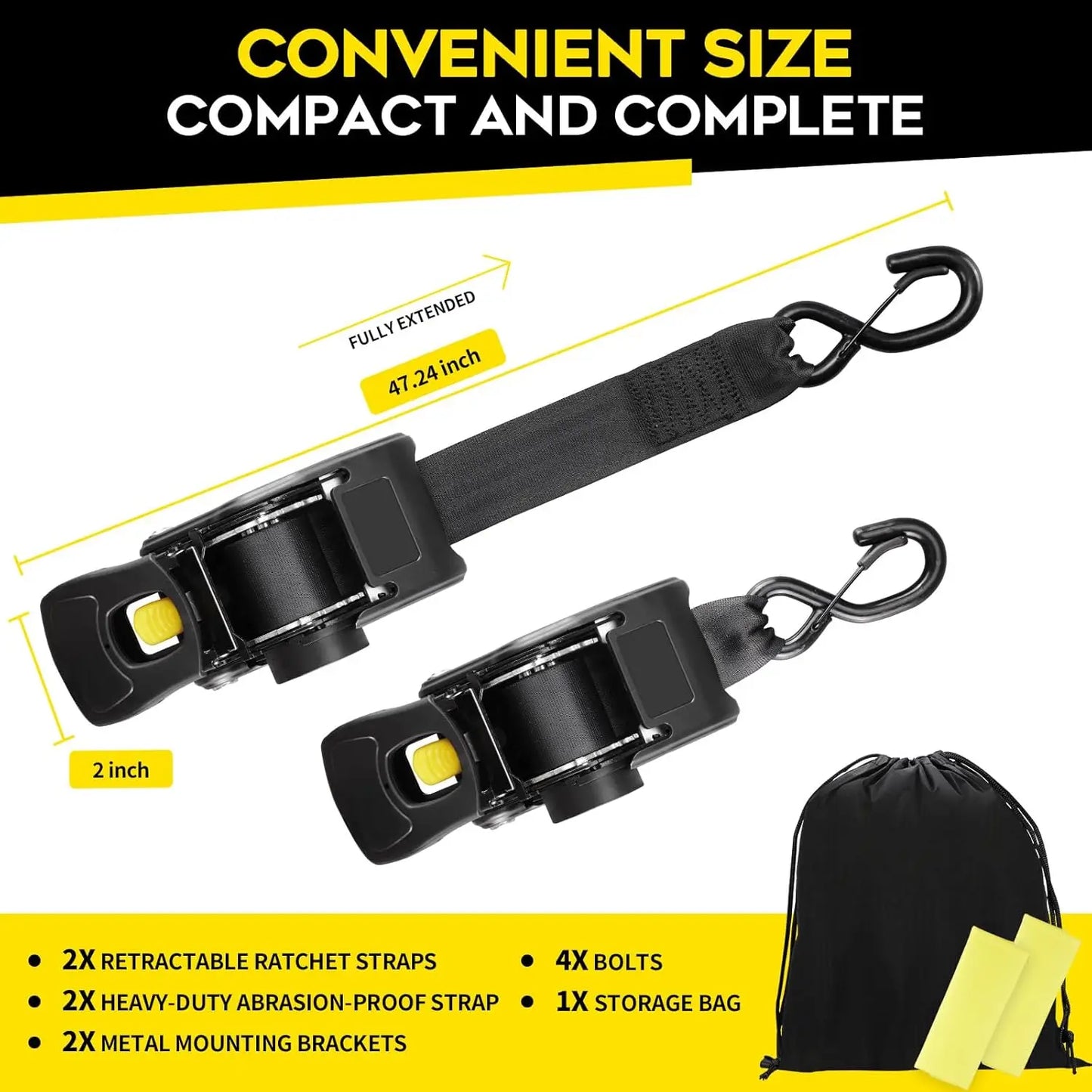2PCS Retractable Ratchet Straps Heavy Duty Transom Tie Downs2x4ft for Boat Trailer with Brackets Bolts Set 2200LBS Break Strength