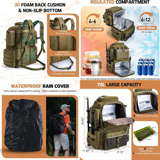 78L Waterproof Fishing Backpack with 4 Tackle Boxes, Cooler, Rod Holders, 8 Lure Pockets, Rain Cover.
