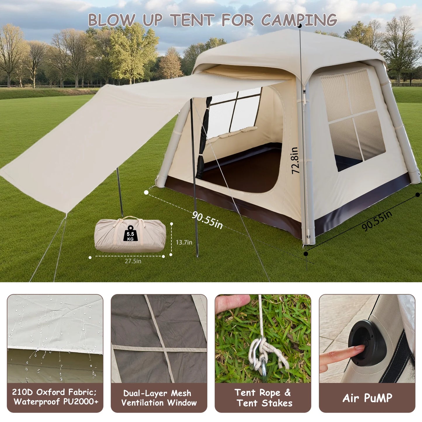 Automatic Inflatable Camping Tent,Easy Set up 3-4 Person Glamping Outdoor 4 Season Air Blow Up Tents.