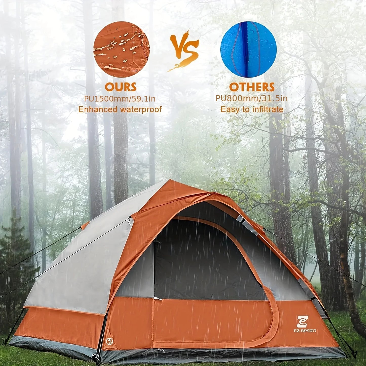 Pop Up Camping Tent - 4 Person Instant Easy Set Up Tent with Removable Rain Fly, Waterproof Windproof for Outdoor Camping.