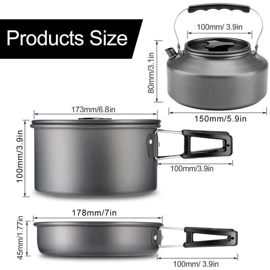 Camping Cookware Mess Kit, Lightweight Pot Pan Kettle Set with Cups Plates Forks Knives Spoons.