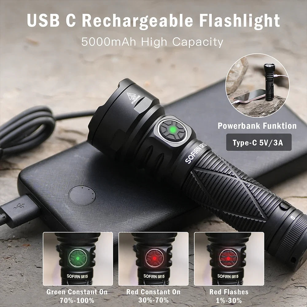 Sofirn SR15 4500LM Flashlight SFT25R Powerful LED Light 21700 USB C Rechargeable.