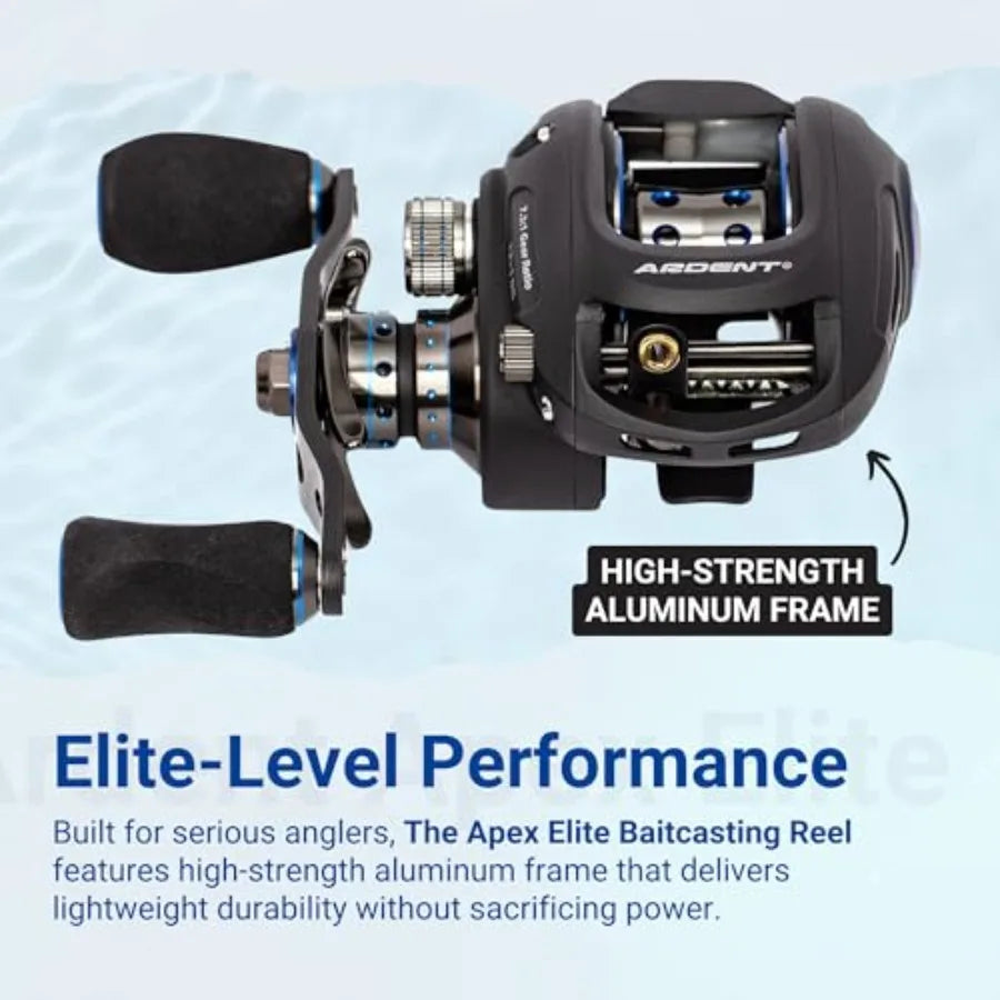 Apex Elite Baitcasting Reel Right Handed 7.3:1 Gear Ratio 12+1 Ball Bearing Aluminum Frame Fishing Reel with EVA Grip.