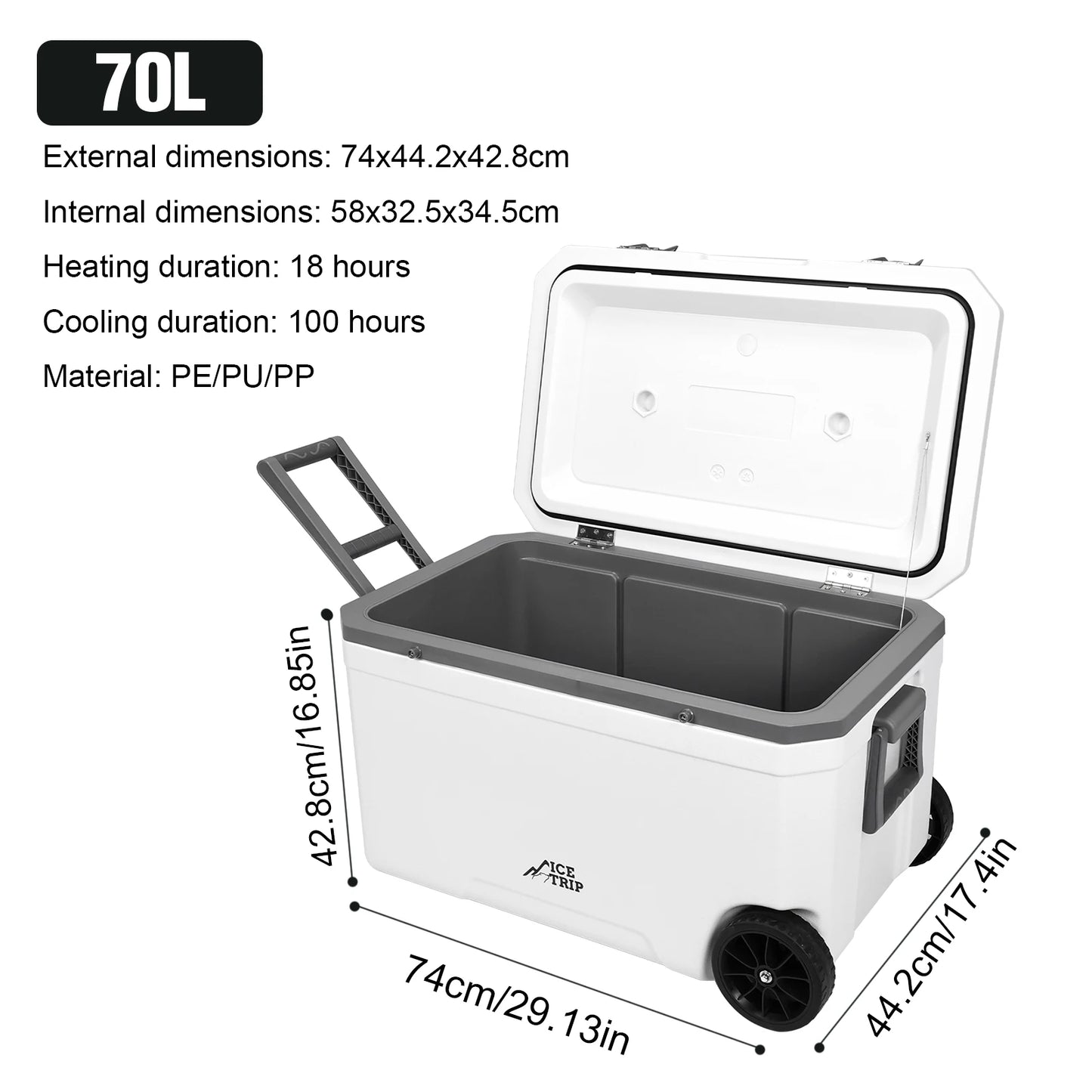 70L Wheeled Cooler Insulated Ice Chest Box with Cup Holder.