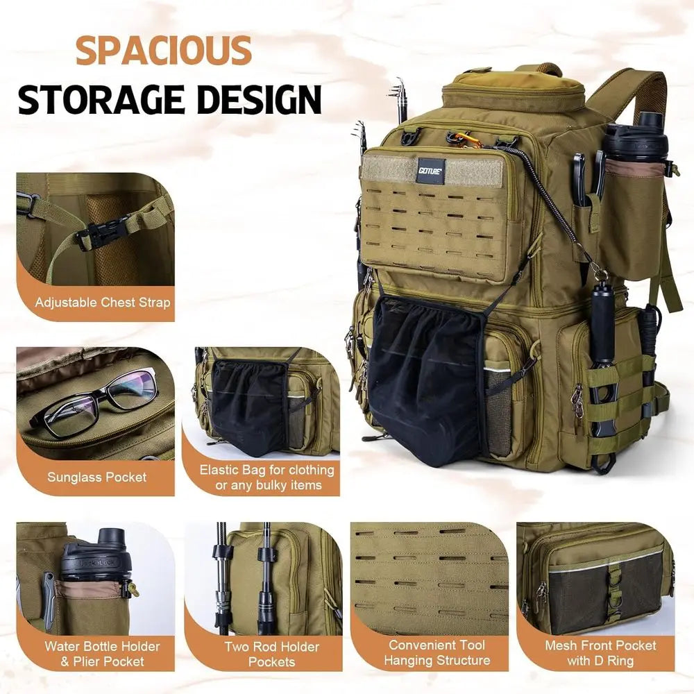 78L Waterproof Fishing Backpack with 4 Tackle Boxes, Cooler, Rod Holders, 8 Lure Pockets, Rain Cover.