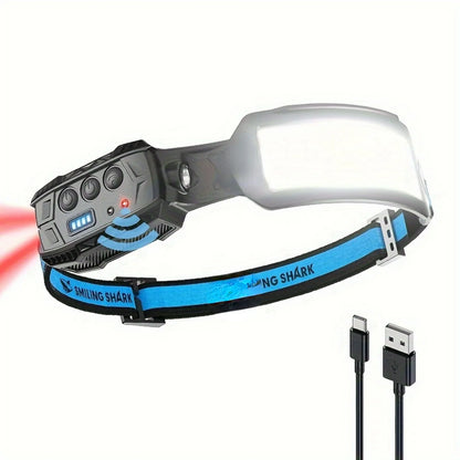 Smiling Shark Rechargeable Headlamp with 7*Bright White Lights, 270° Motion Sensor, 6 Versatile Modes, and Red Tail Light.