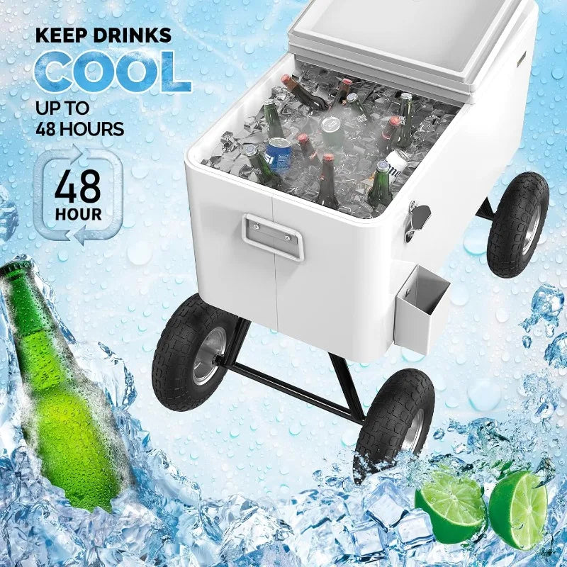 VINGLI 80 Quart Wagon Rolling Cooler Ice Chest, w/Long Handle and 10" Wheels.