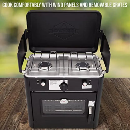 Outdoor Gas Camping Oven w/Carry Bag CSA Approved Portable Propane-Powered 2-Burner Stove with Auto Ignition and Overheat Safety.