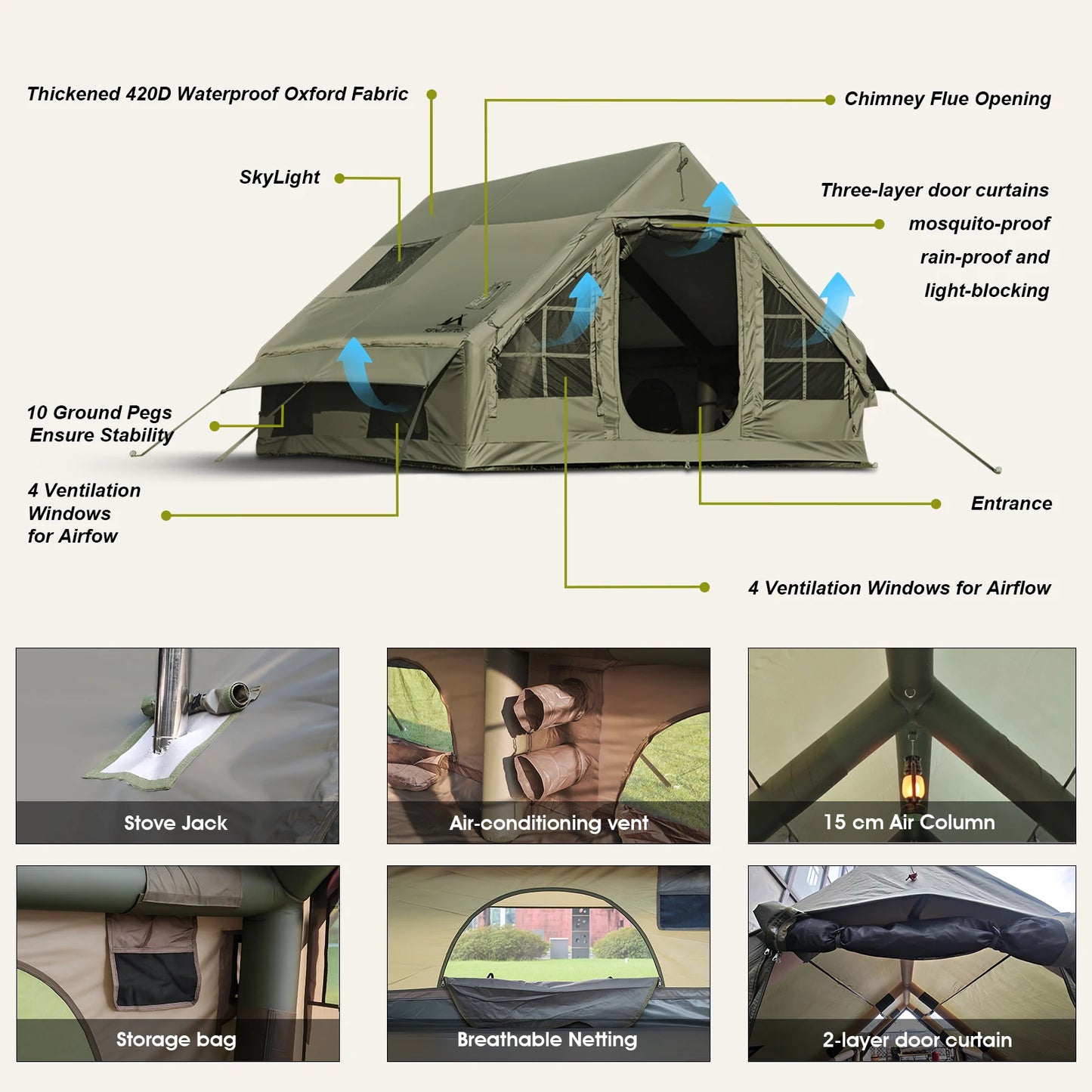 Army Green Waterproof Windproof Inflatable Tent for Camping,4 Season Air Glamping Tent House with Chimney Opening,AC Vent.
