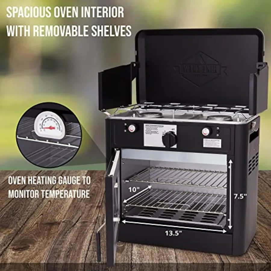 Outdoor Gas Camping Oven w/Carry Bag CSA Approved Portable Propane-Powered 2-Burner Stove with Auto Ignition and Overheat Safety.