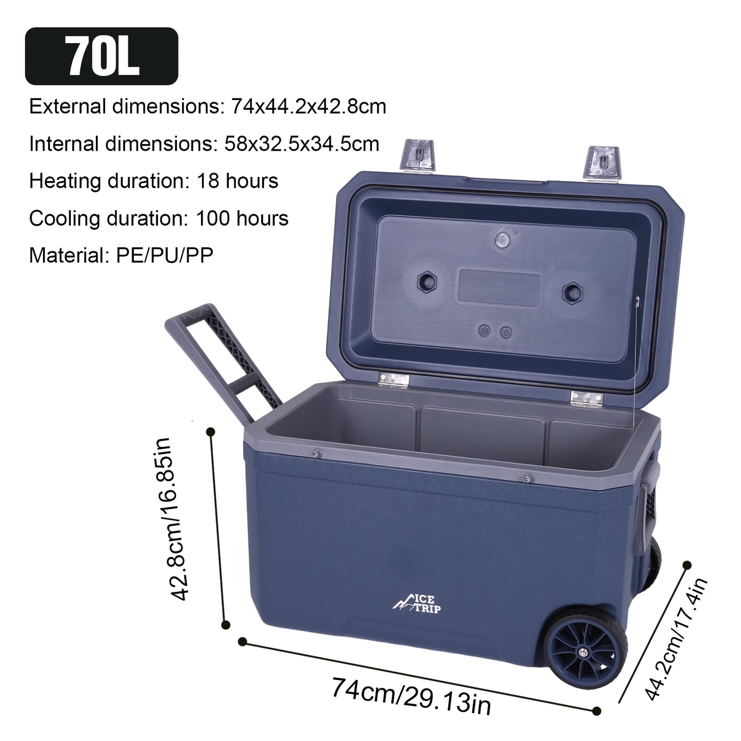 70L Wheeled Cooler Insulated Ice Chest Box with Cup Holder.