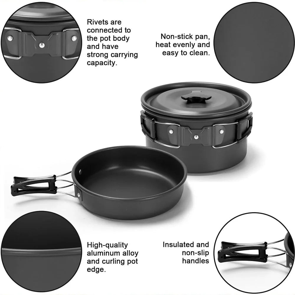 Camping Cookware Mess Kit, Lightweight Pot Pan Kettle Set with Cups Plates Forks Knives Spoons.