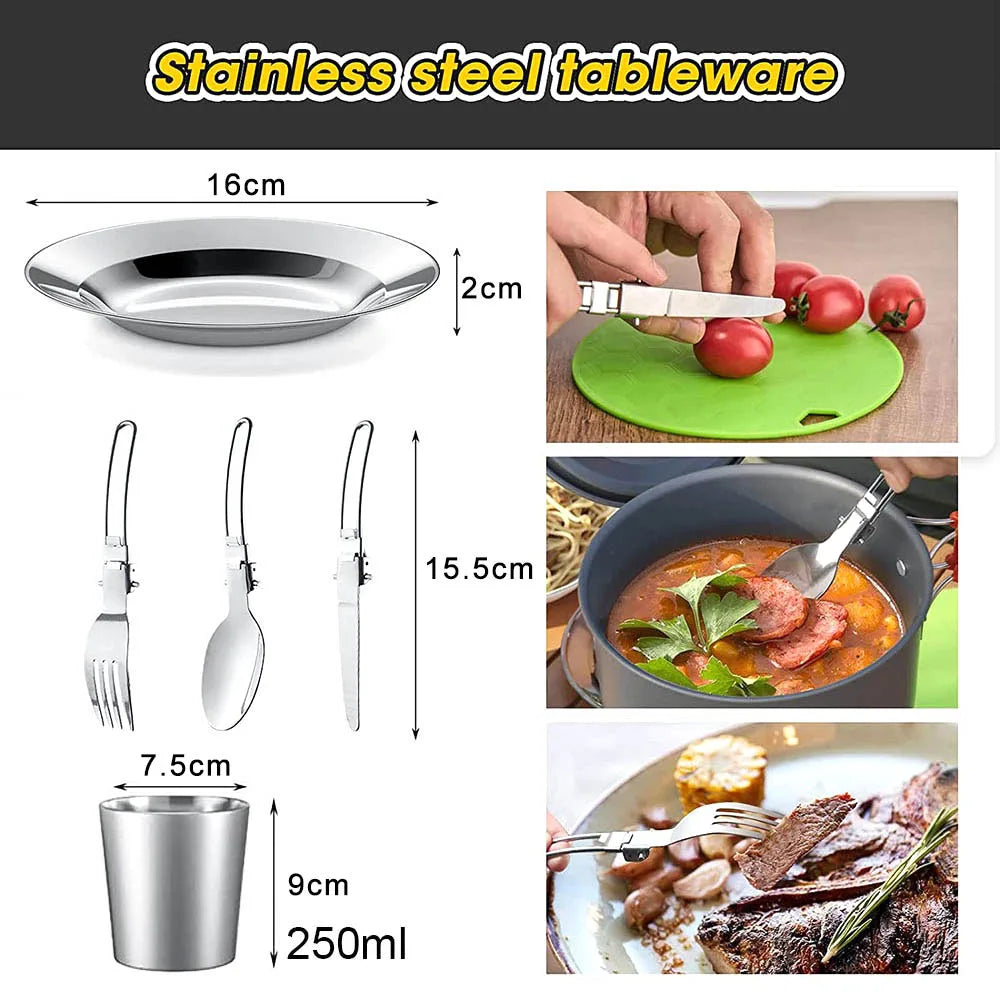 Camping Cookware Mess Kit, Lightweight Pot Pan Kettle Set with Cups Plates Forks Knives Spoons.