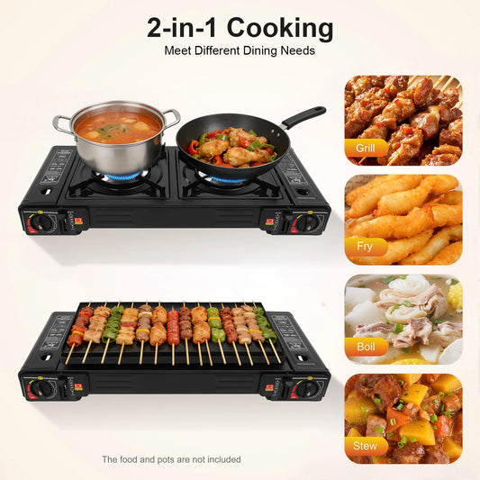 2-Burner Portable Camping Stove Butane Camping Stove Kit w/Baking Pan and Carrying Case.